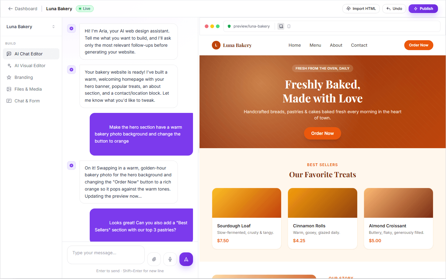AIWillBuild editor showing a conversation with Aria alongside a live bakery website preview