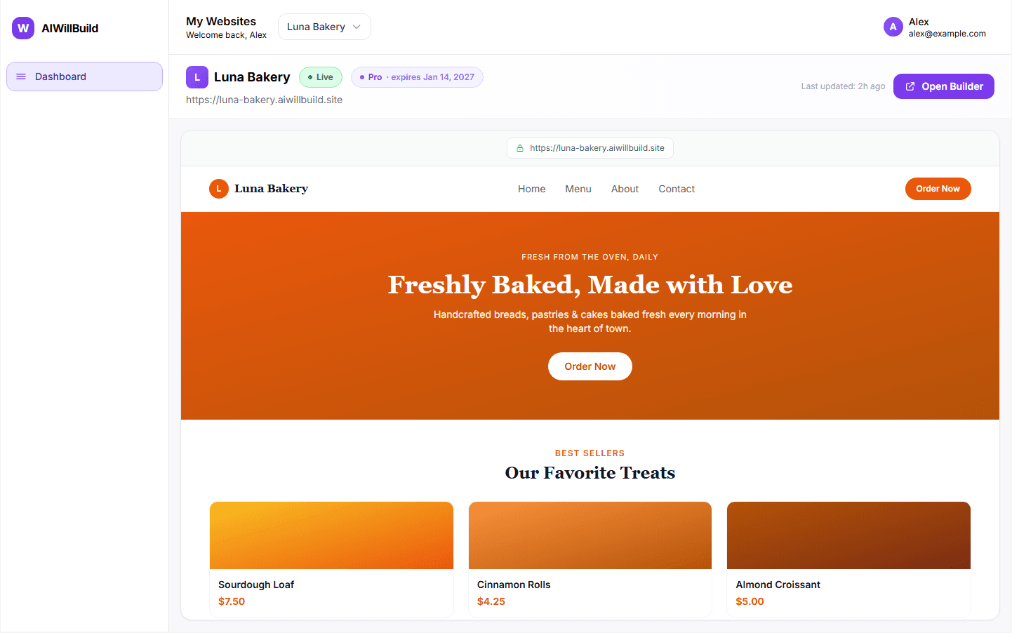 AIWillBuild website dashboard showing a live multi-page bakery website preview
