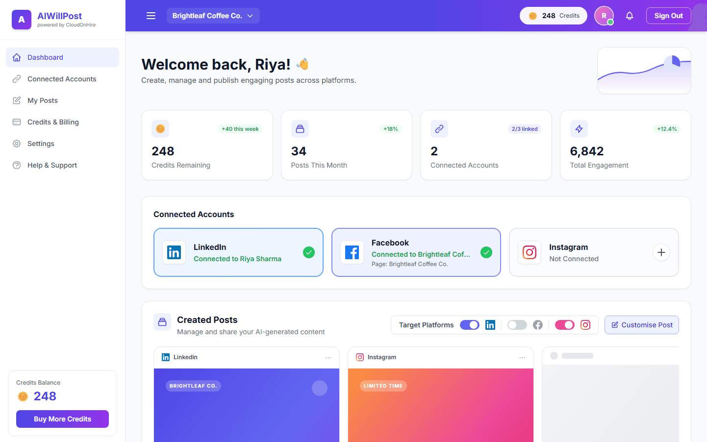 AIWillPost dashboard with connected accounts, remaining credits and created posts