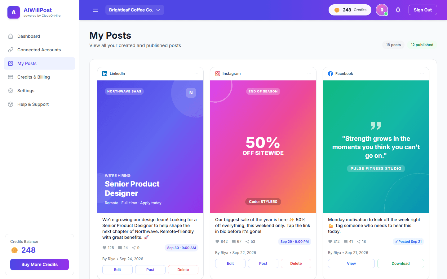 AIWillPost gallery of created posts with platform-specific posters, captions and engagement